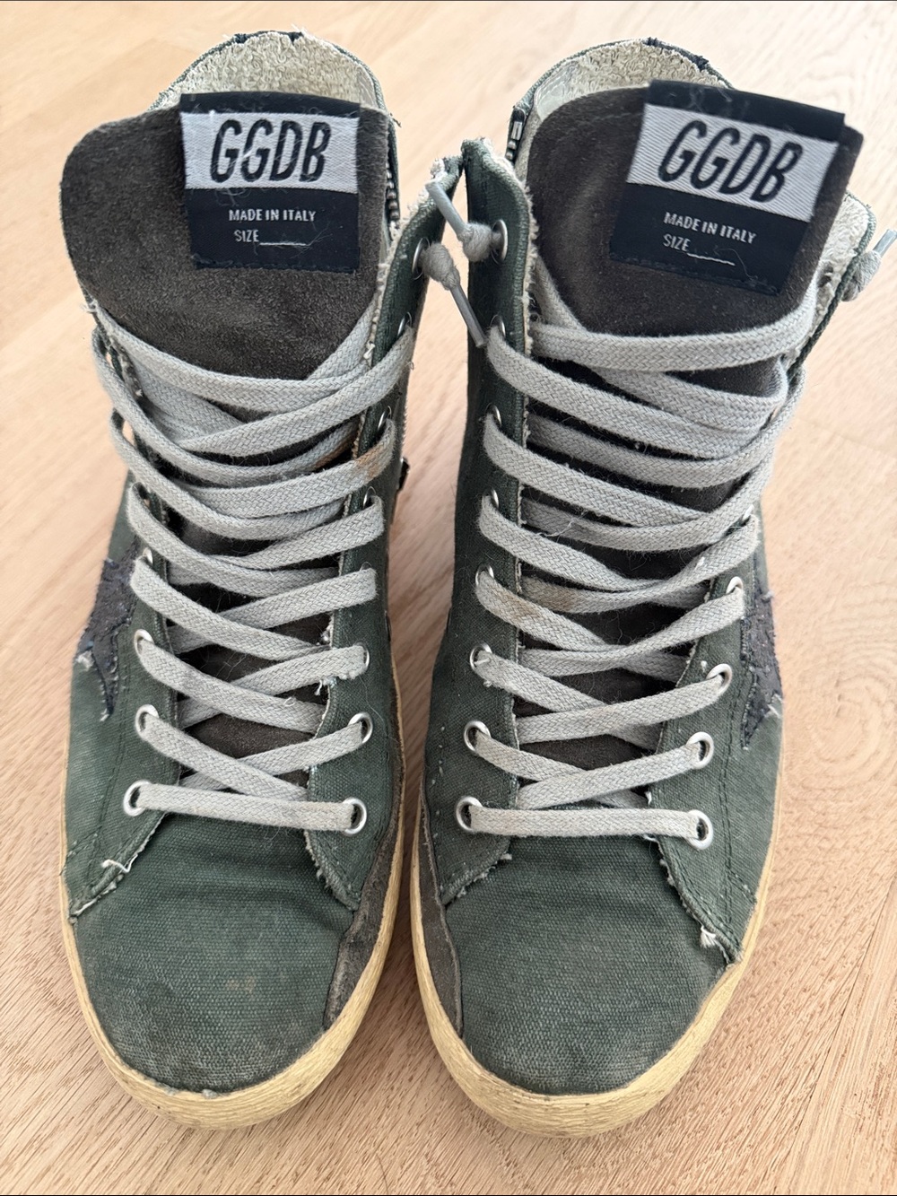 Golden Goose army green high-top sneakers with blue black sequin star